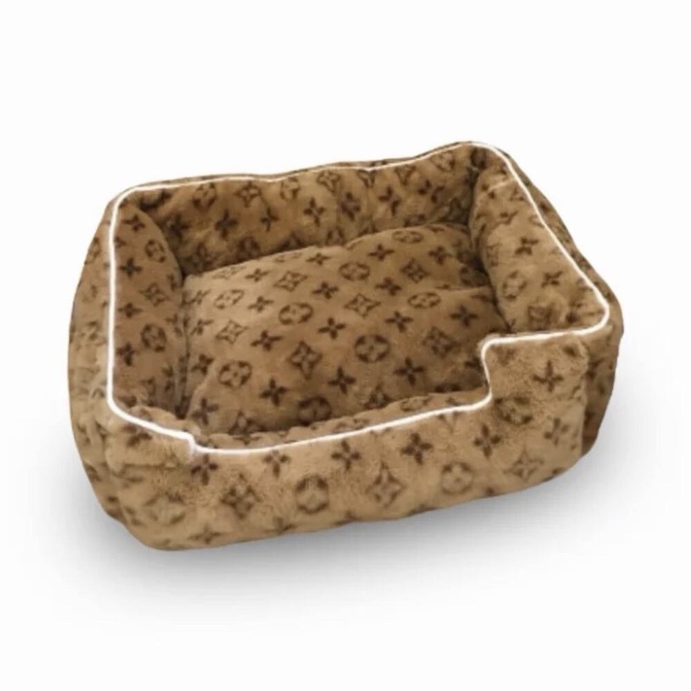 Plush Cushioned Nesting Dog Bed Raised Sides, Brown Pattern, S